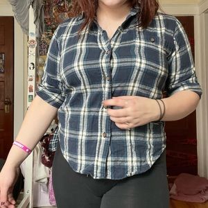 Blue and white plaid button up